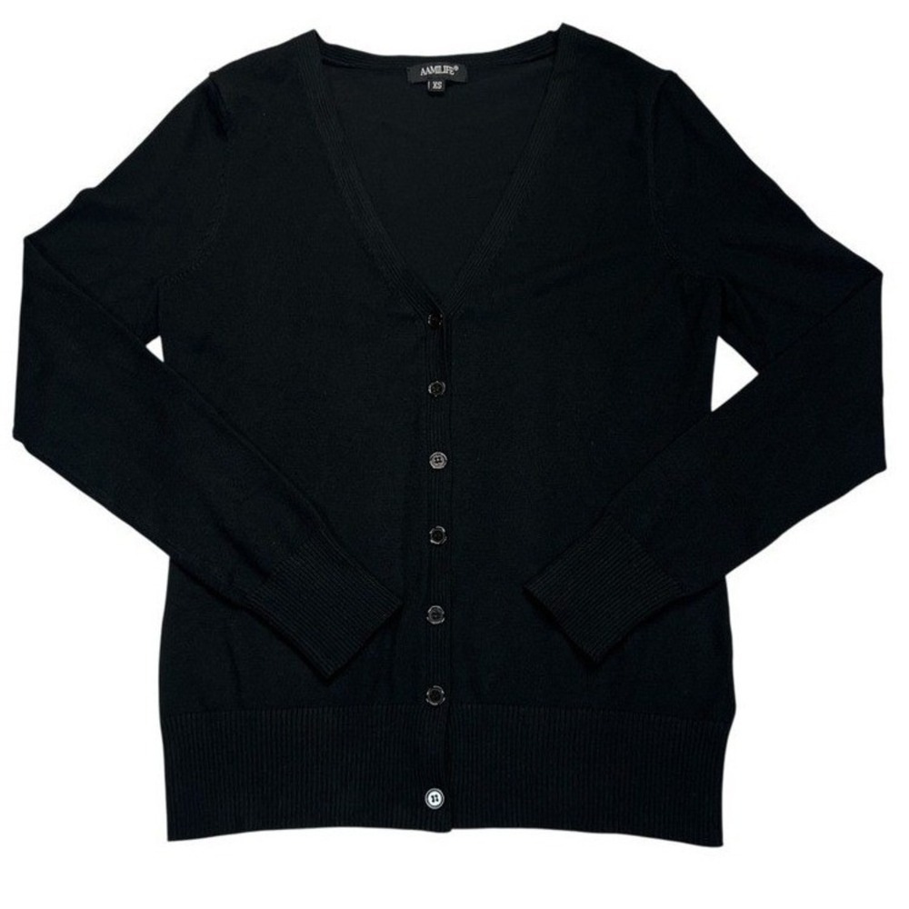 Aamilife Womens XS Black Cardigan Lightweight Knit V Neck Button Front Sweater